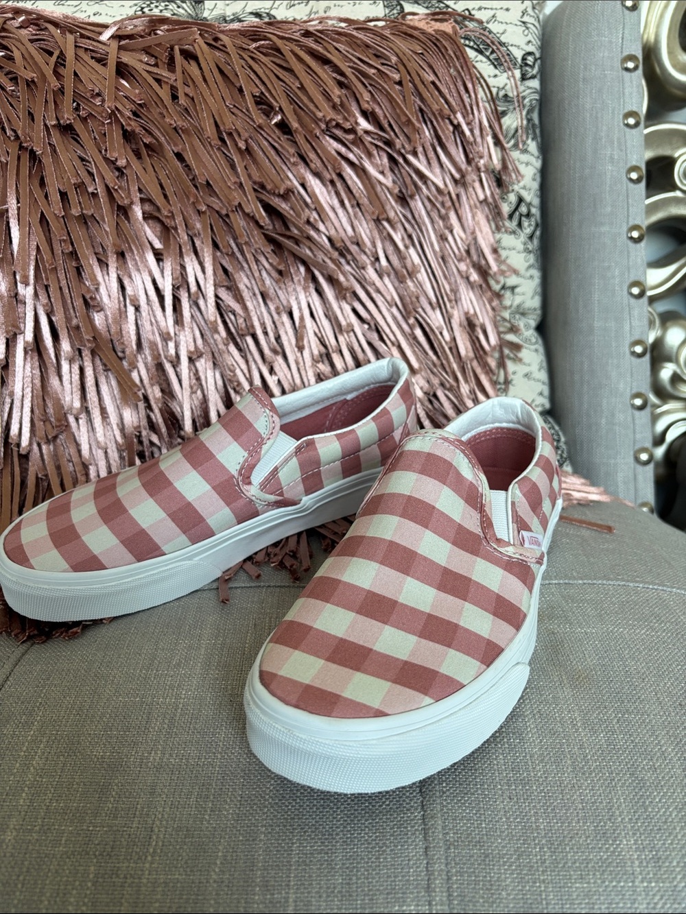 Vans Women’s Slip-On Sneakers - Pink and Cream Gingham